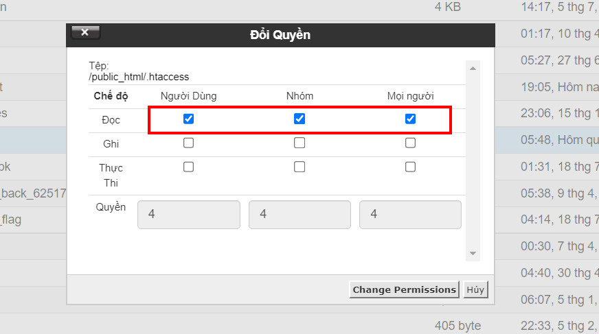 Chọn quyền cho htaccess